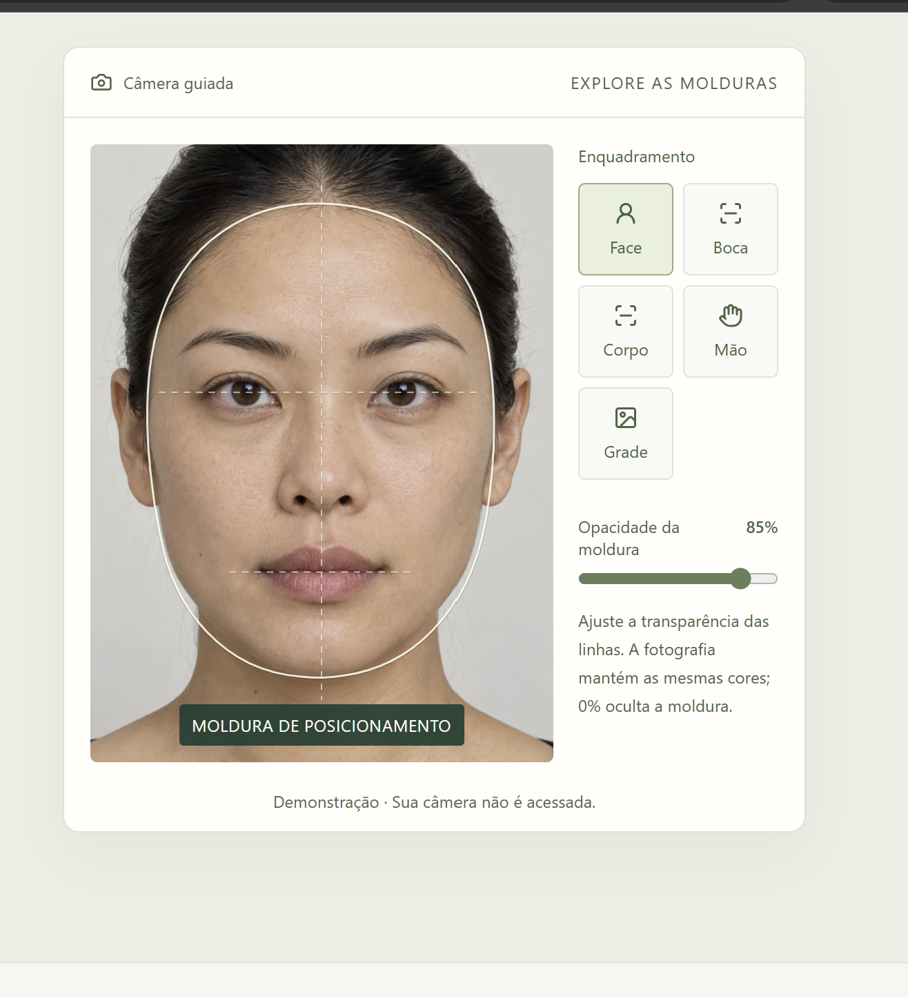 Demonstração do Evolufoto com moldura facial, controle de opacidade e opções de enquadramento na câmera guiada.