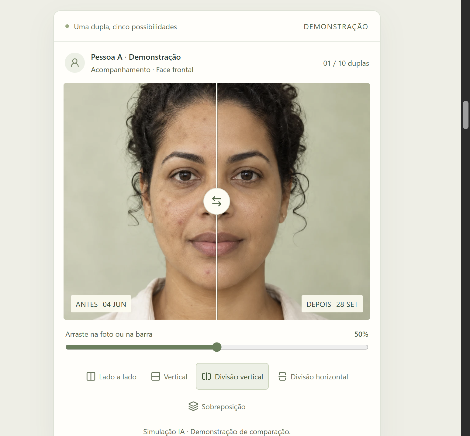 Demonstração do Evolufoto com comparação por divisão vertical e opções de cinco layouts de apresentação.