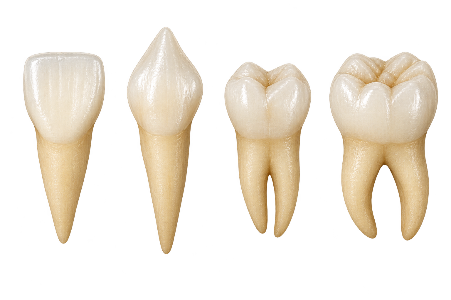 Quatro ilustrações dentárias sobre fundo transparente: incisivo, canino, pré-molar e molar.